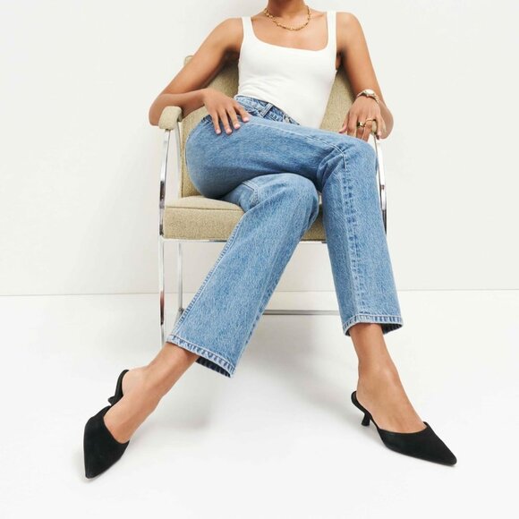 Caradise Women Black Suede Mules Closed Pointed Toe Mesh Backless Kitten Heels - Picture 2 of 5